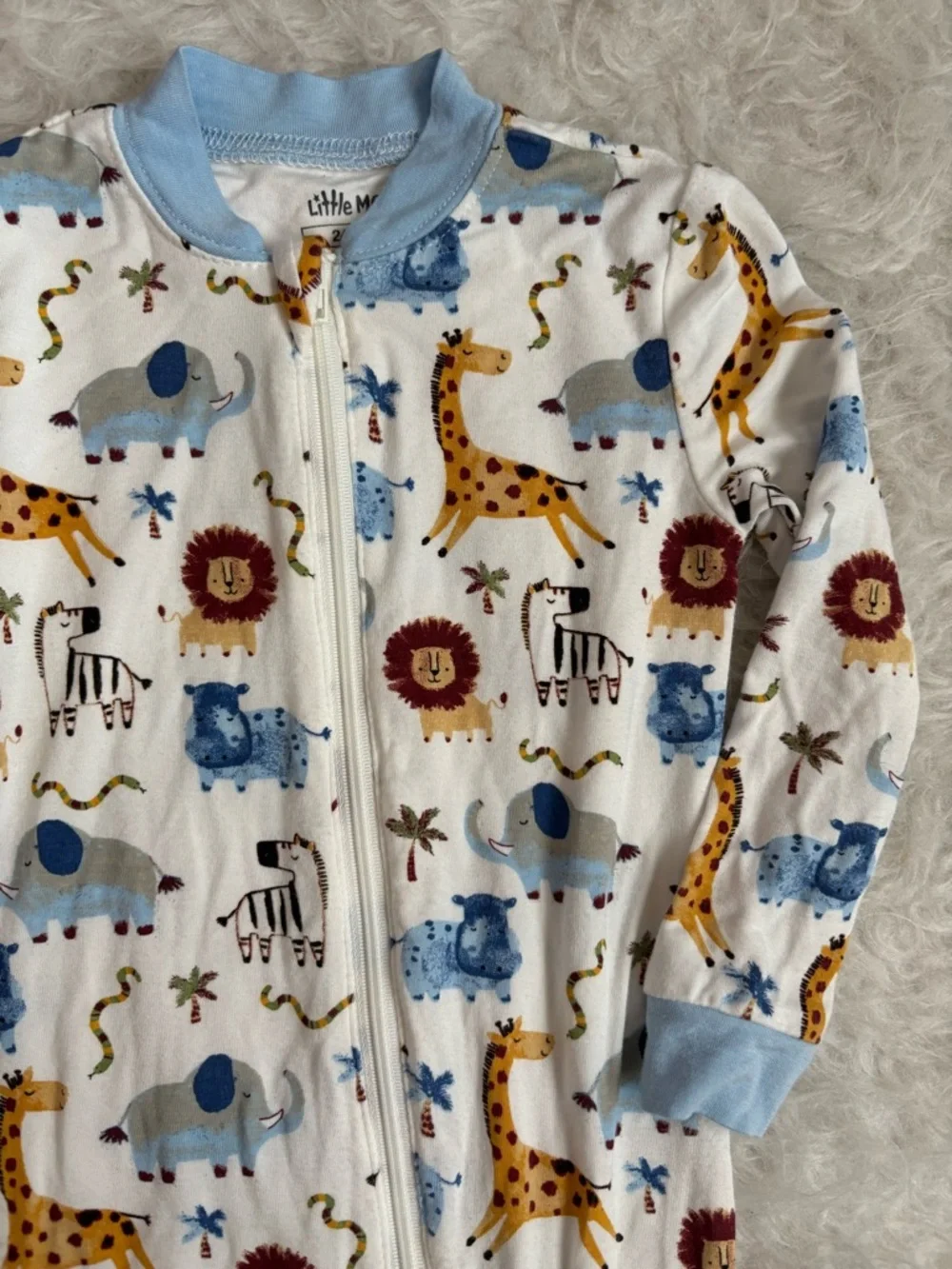 Little Me Baby white Footed Pajamas with Colorful Safari Animal AOP